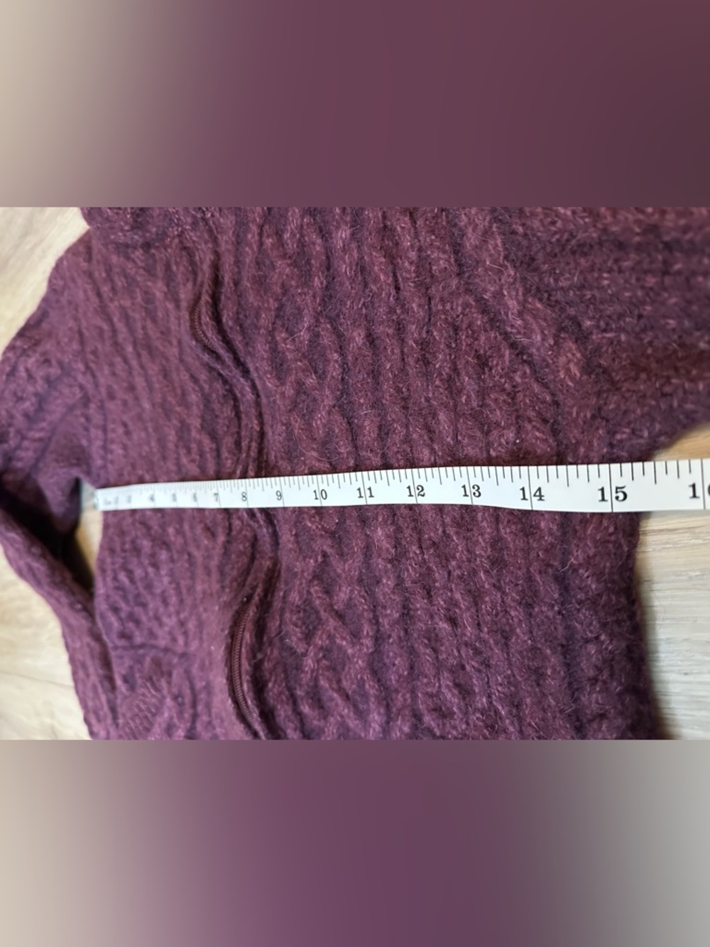 Aran Crafts %100 Merino Wool Cable-Knit Full Zip Purple Cardigan Sweater - Picture 5 of 7